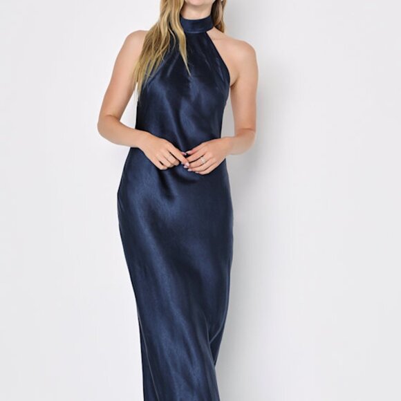 Lulus Love In Your Life Navy Blue Satin Halter Maxi Dress - Size XXL - Picture 1 of 4